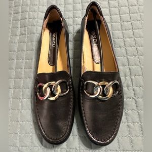Vaneli black Bogota loafers with two tone metal trim.